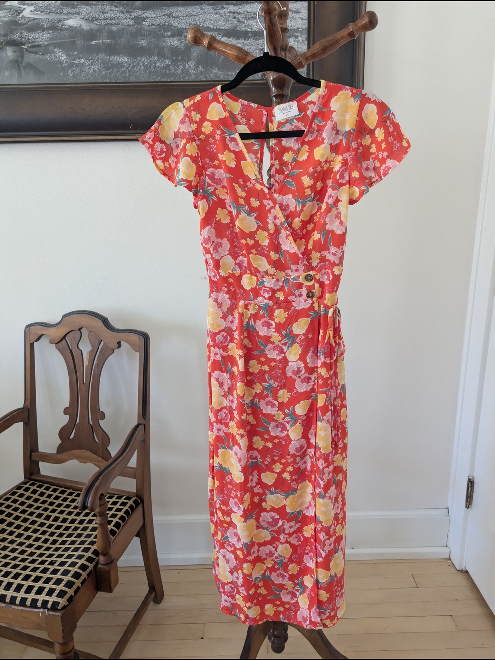 Sienna Sky Red Floral Wrap Midi Dress with Yellow Accents